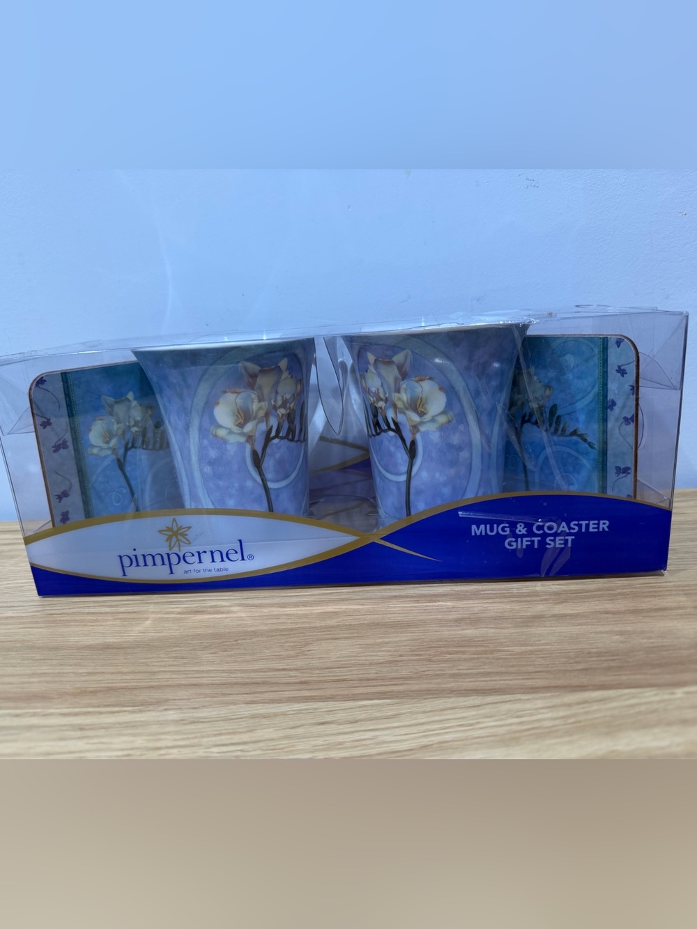 Set of 2 Pimpernel floral Blue Freesia mugs and coaster set
